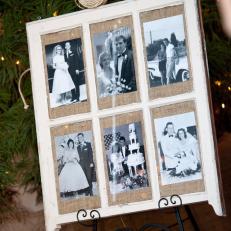 Black and White Wedding Photos Display on Burlap Background in Country Window Pane 