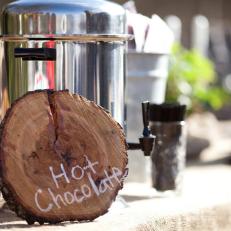 Cut Wood Plate With White Writing for Wedding Hot Chocolate Set Up 