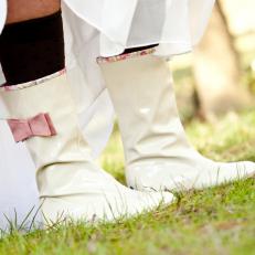 Cream Rain Boots With Pink Bow For Winter Wedding Day Shoes