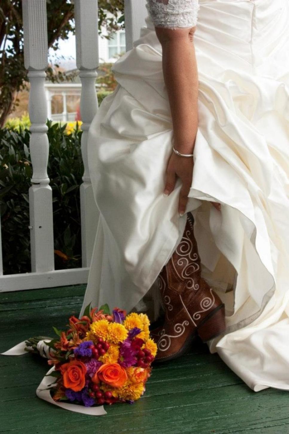 wedding dress and cowgirl boots